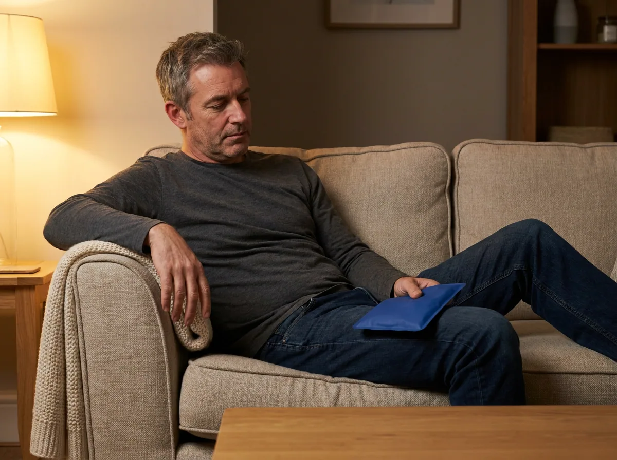 A man sitting on the sofa in the evening with an ice pack resting on his ankle