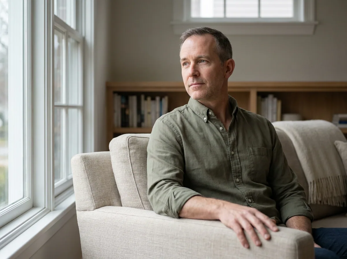 A man sitting alone in his living room, thinking something through
