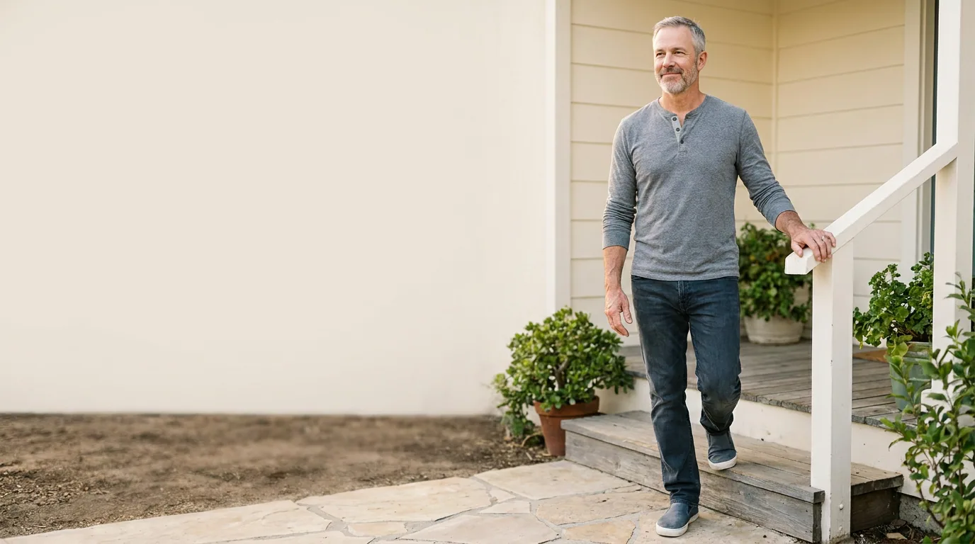 A man stepping down off his porch step into the morning without hesitating