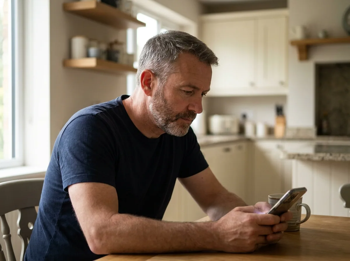 A man reading through customer reviews on his phone at the kitchen table